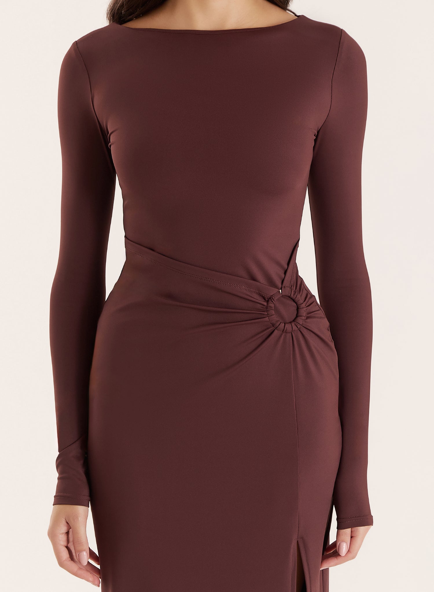 Chocolate Long Sleeve Ring Detail Maxi Dress